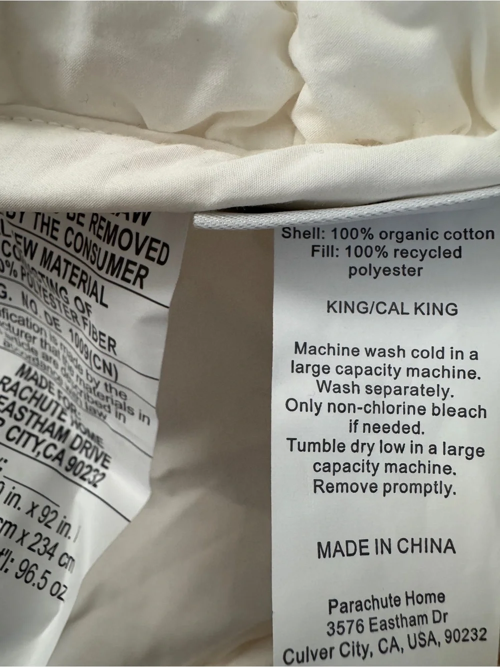 PARACHUTE 100% ORGANIC COZY COTTON Comforter white new KING/CAL KING